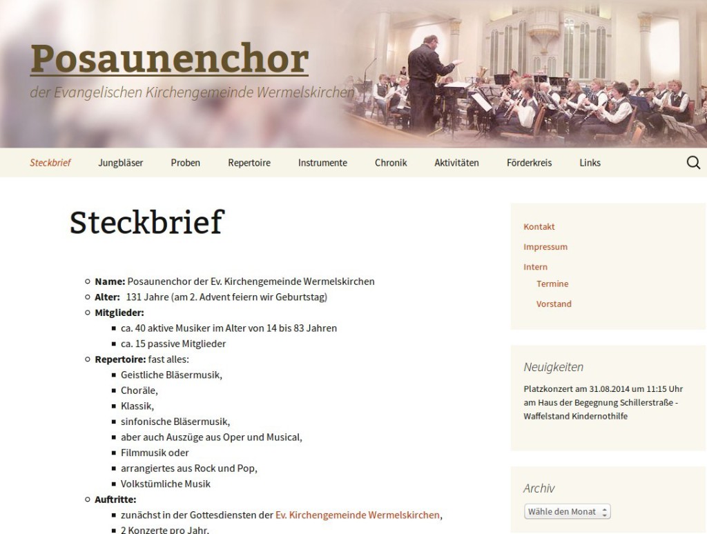 Screenshot der Internetseiten des Posaunenchor der Ev. Kirchengemeinde Wermelskirchen